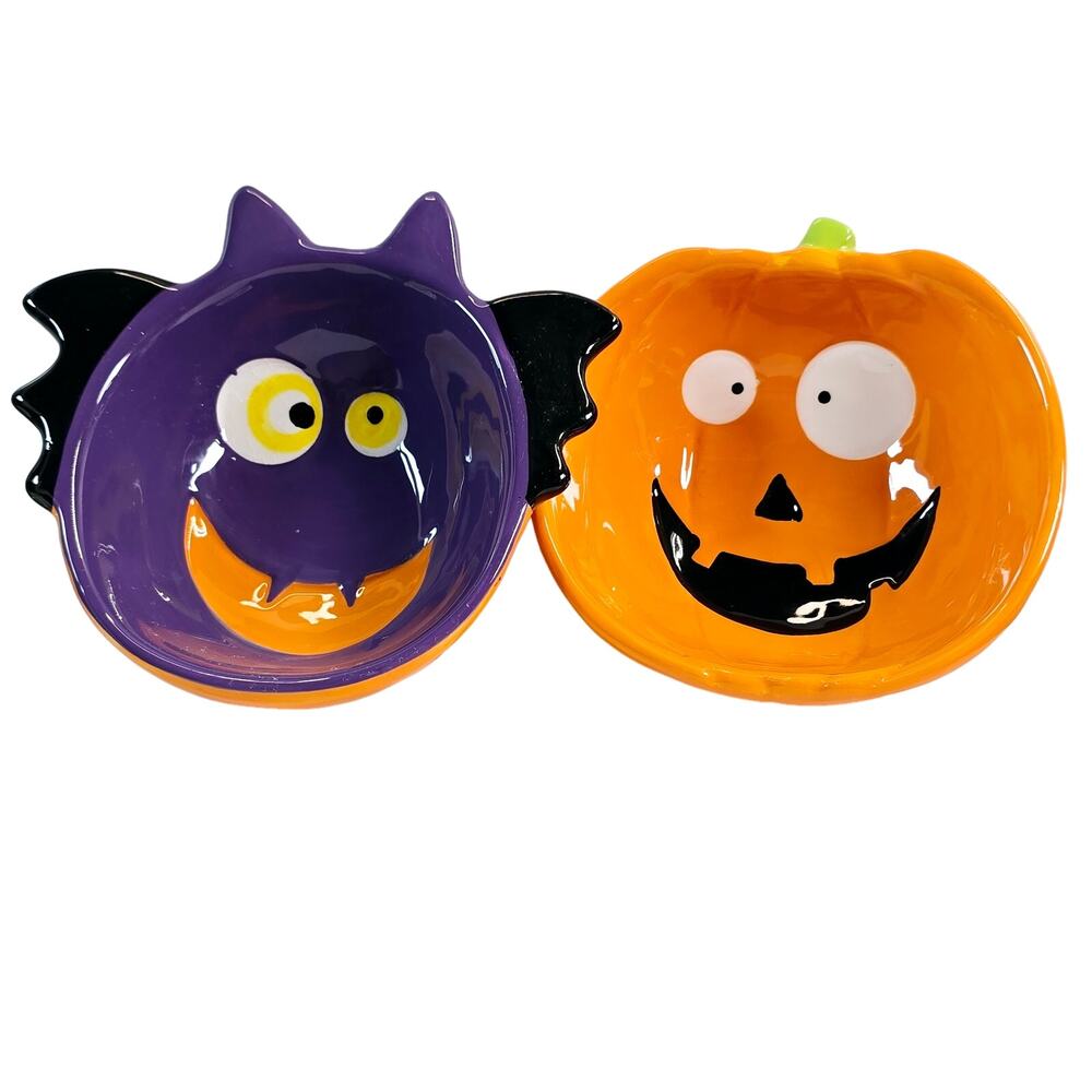 Vintage Holiday Home Halloween Candy Bowls Set Pumpkin Bat Ceramic Dish READ